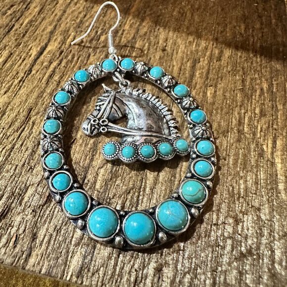 Boho Vibrant Turquoise Horse Estuarian Charm Statement Earrings , Gift Box - Picture 6 of 11